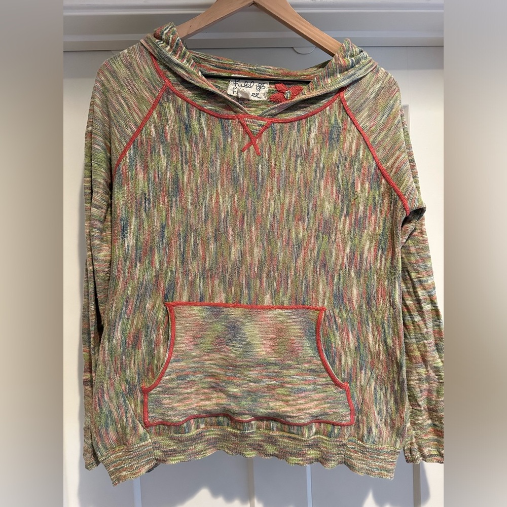 Anthropologie Colorful Knit Hoodie with Red Trim
